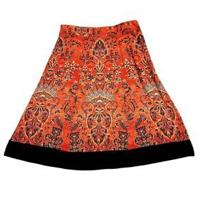 Soft Surroundings Womens XL Midi Skirt Stretch Batik Floral Boho Velvet Trim